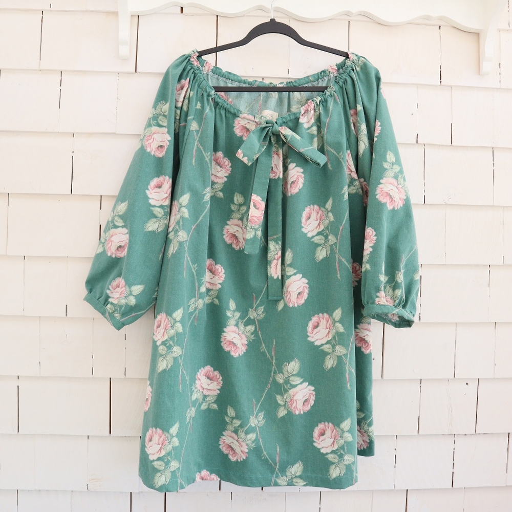 Upcycled Peasant Dress Vintage Fabric Floral Green with Pink Roses M • L • XL